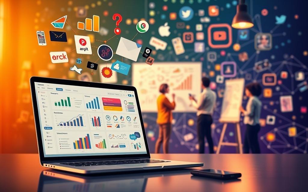 A vibrant digital landscape showcasing cutting-edge online marketing strategies. In the foreground, a sleek laptop displays a dashboard of analytics and campaign management tools. Floating above are colorful infographics, interactive charts, and engaging social media posts. In the middle ground, a team of professionals collaborates on a strategy whiteboard, brainstorming innovative ways to reach their target audience. The background is a kaleidoscope of digital devices, from smartphones to tablets, all interconnected and pulsing with online activity. Warm lighting casts a professional glow, while a sense of dynamism and forward momentum permeates the scene, reflecting the power of modern digital marketing.