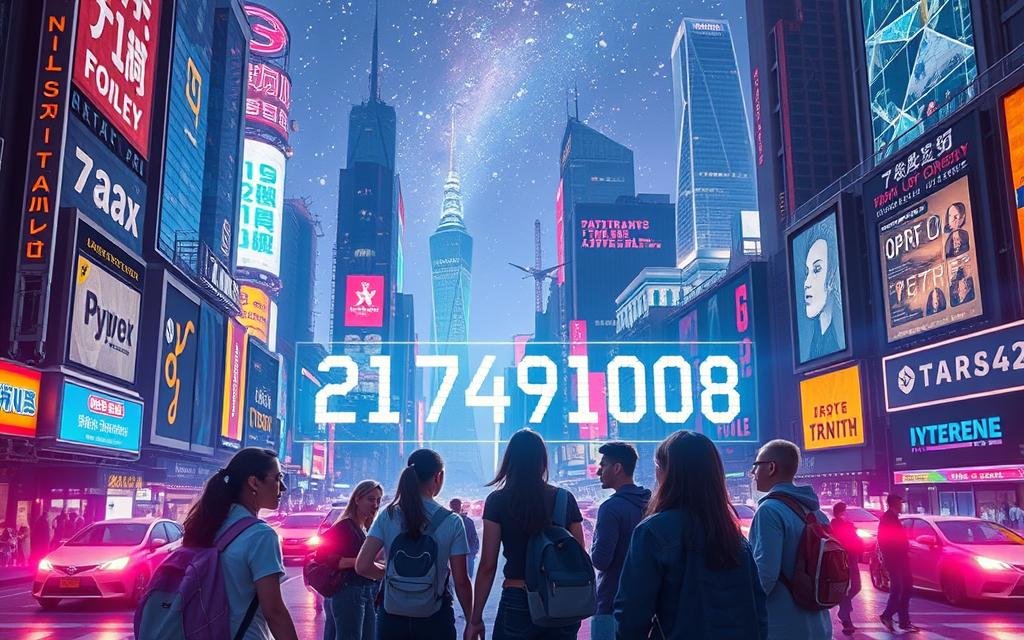 A vibrant, futuristic cityscape bathed in neon lights and holographic displays. In the foreground, a group of young people gathered around a glowing digital screen, engrossed in a cutting-edge augmented reality experience featuring the enigmatic number "2177491008". In the middle ground, hover-cars and flying drones weave through the bustling streets, while in the background, towering skyscrapers and gleaming spires reach towards a starry, cyberpunk-inspired sky. The scene conveys a sense of wonder, innovation, and the pervasive influence of the mysterious numerical code on the culture of this advanced, technologically-driven future world.