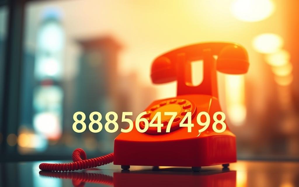 A vibrant red telephone icon prominently displayed in the foreground, evoking a sense of urgency and accessibility. The backdrop features a soft, blurred cityscape, hinting at the wide reach and connectivity of the toll-free helpline. The lighting is warm and inviting, creating a welcoming atmosphere. The overall composition is balanced and visually appealing, drawing the viewer's attention to the key focus - the iconic telephone number "8885847498" - which represents the cultural significance and impact of this ubiquitous customer service resource.