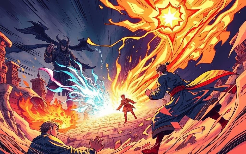 A vibrant scene of the Jujutsu Kaisen manga, capturing the dynamic pacing and cliffhanger moments that captivate readers. In the foreground, a character mid-action, their powerful technique unfolding with dramatic tension. The middle ground showcases a clash of sorcerers, their spells colliding in a symphony of light and shadow. In the background, a sense of foreboding, hinting at the larger narrative that drives the story forward. Lit by a warm, cinematic glow, the image conveys the "easy read" quality of the manga, with a flow that effortlessly pulls the viewer through each gripping chapter.