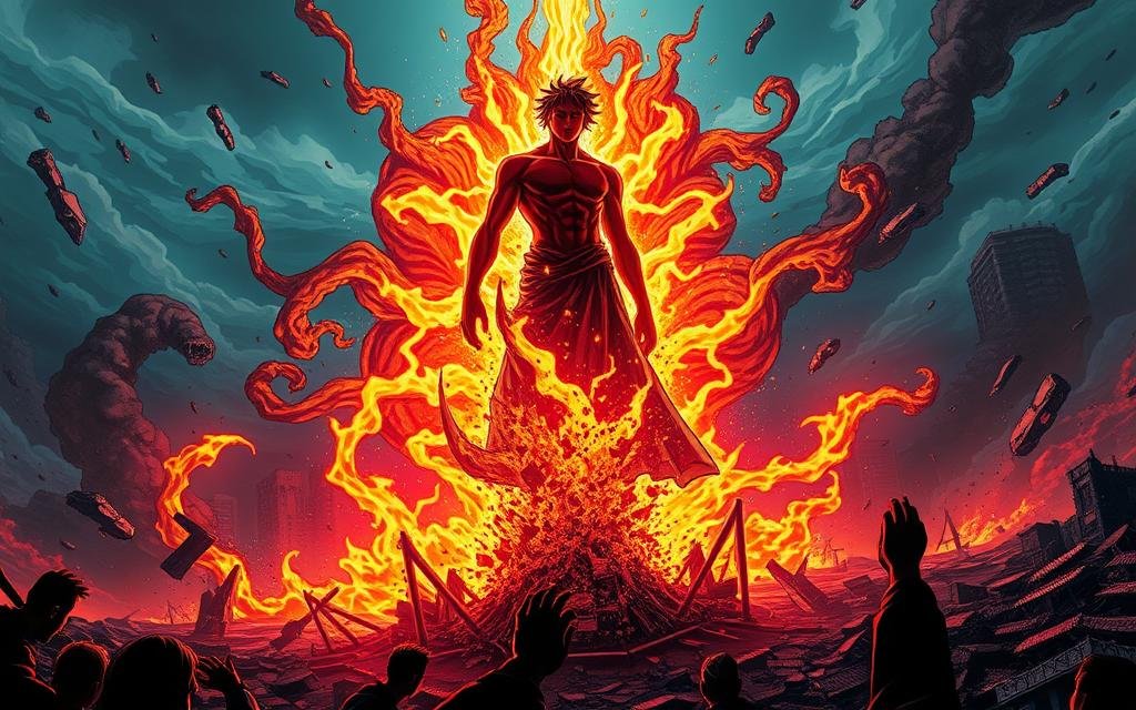 A vivid, cinematic scene of the climactic domain expansion from the final battle in the Jujutsu Kaisen manga. In the foreground, the towering silhouette of Itadori Yuji unleashes a colossal burst of energy, his body enveloped in a blazing aura. Surrounding him, a kaleidoscopic realm of twisting, otherworldly shapes and patterns forms the expansive domain, casting an ominous, otherworldly glow. In the distance, the shattered remnants of a devastated urban landscape hint at the cataclysmic scale of the conflict. Dramatic chiaroscuro lighting casts deep shadows and highlights the intense drama of the moment, while a wide, cinematic angle captures the grand, sweeping scope of the scene.