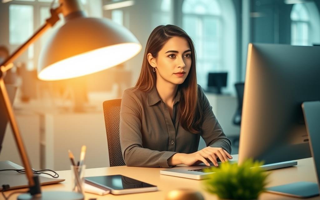 A warmly lit office scene, with a professional assistant seated at a desk, diligently working on a computer. The assistant's face is calm and focused, their hands gently typing away. In the foreground, a modern desk lamp casts a soft glow, creating a cozy and productive atmosphere. The middle ground features a neatly organized workspace, with a few carefully placed office supplies and a potted plant adding a touch of vibrancy. The background is softly blurred, hinting at the larger office environment, but keeping the attention on the hardworking assistant. The overall scene conveys a sense of competence, dedication, and the valuable role an assistant plays in supporting everyday business operations.