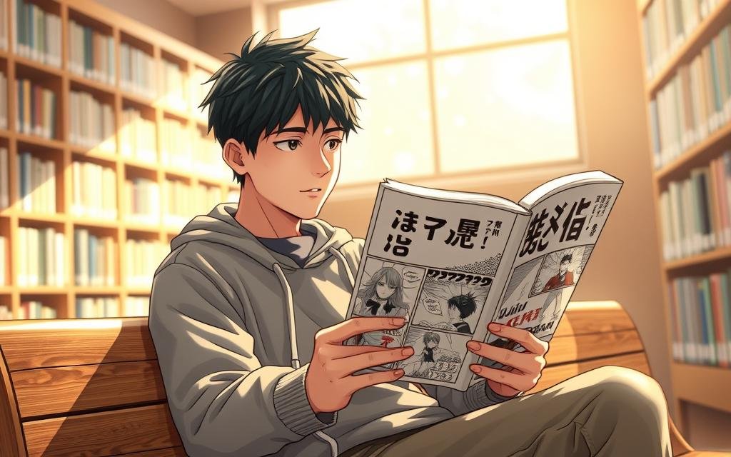 A young man, Yuji Itadori, reading a manga volume of "Jujutsu Kaisen" on a bench in a cozy public library. Soft, natural lighting filters through the windows, casting a warm glow on the scene. The library's bookshelves create a comforting backdrop, hinting at the wealth of literature available. Yuji's expression is one of focused absorption, his eyes intently studying the manga panels. The scene conveys a sense of quiet contemplation and the joy of discovering new stories through accessible, budget-friendly library resources.