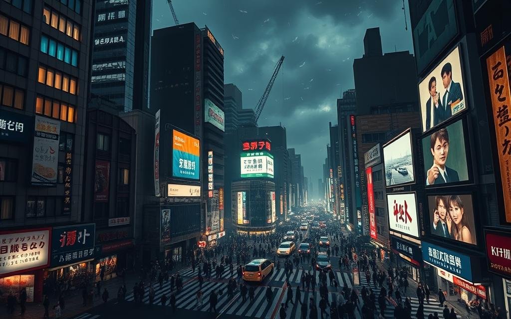 Captivating cityscape of Shibuya, Tokyo, at night. Towering skyscrapers and neon-lit streets bustling with activity. Crowds of people navigating the iconic Shibuya Crossing, their figures silhouetted against the vibrant lights. Billboards and digital screens casting a warm, cinematic glow across the scene. A dramatic, high-angle perspective that emphasizes the energy and scale of the urban environment. Moody, atmospheric lighting with deep shadows and highlights, evoking a sense of intensity and suspense. The overall composition captures the essence of a pivotal moment in the "Shibuya Incident" arc of the Jujutsu Kaisen manga.