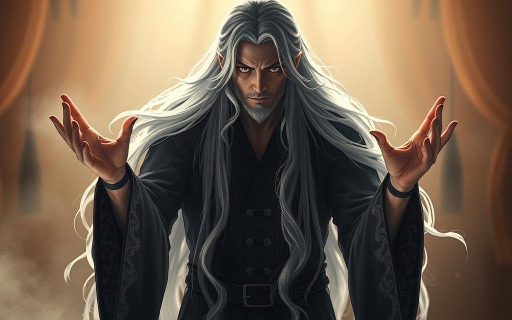 Satoru Gojo, the enigmatic sorcerer with captivating heterochromatic eyes, stands in a dramatic pose against a backdrop of ethereal light. His long white hair flows gracefully, framing his striking features. The scene is bathed in a serene, soft-focus atmosphere, accentuating the character's otherworldly presence. Gojo's hands are raised, emanating a powerful, supernatural aura that commands attention. The lighting is warm and directional, casting dramatic shadows that add depth and dimensionality to the image. The composition is balanced, with Gojo's figure occupying the central focus, surrounded by a dreamlike, almost mystical environment that reflects his legendary status within the Jujutsu Kaisen universe.